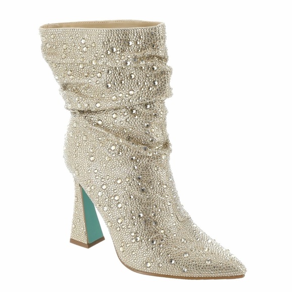 Betsey Johnson Shoes - Betsey Johnson Mac Crystal-Studded Cream Heeled Boots